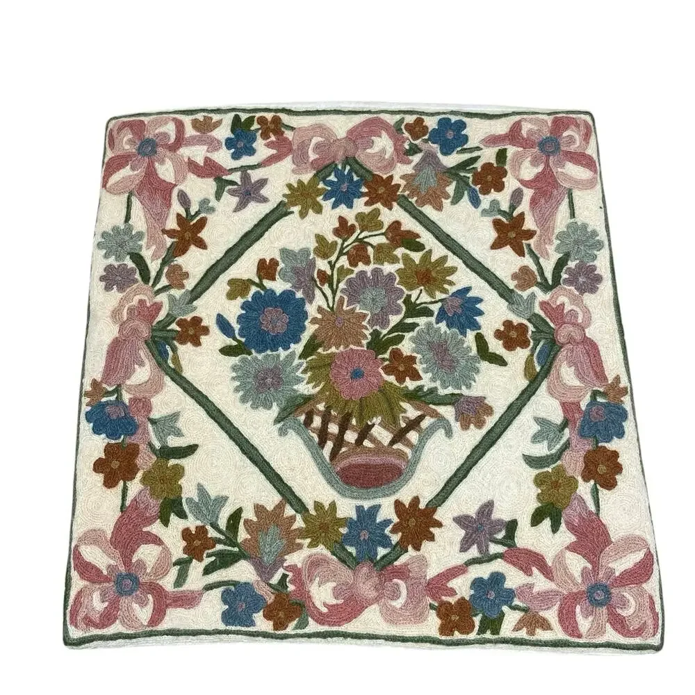 Floral Wool Chain Stitch Tapestry Pillows Size 18 Inch Square